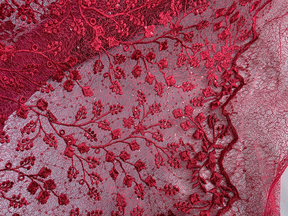 Tul Bordado Con Diseño Floral y Ramas Con Aplicaciones de Lentejuela Color Rojo-HH201 ideal para vestidos de noche de boda y de XV años