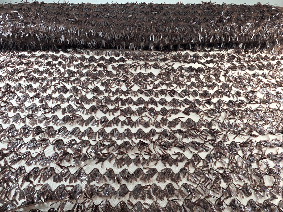 Tul Bordado Con Textura De Flequillos en Lentejuela Color Café -HH209 ideal para vestidos de noche de boda y de XV años