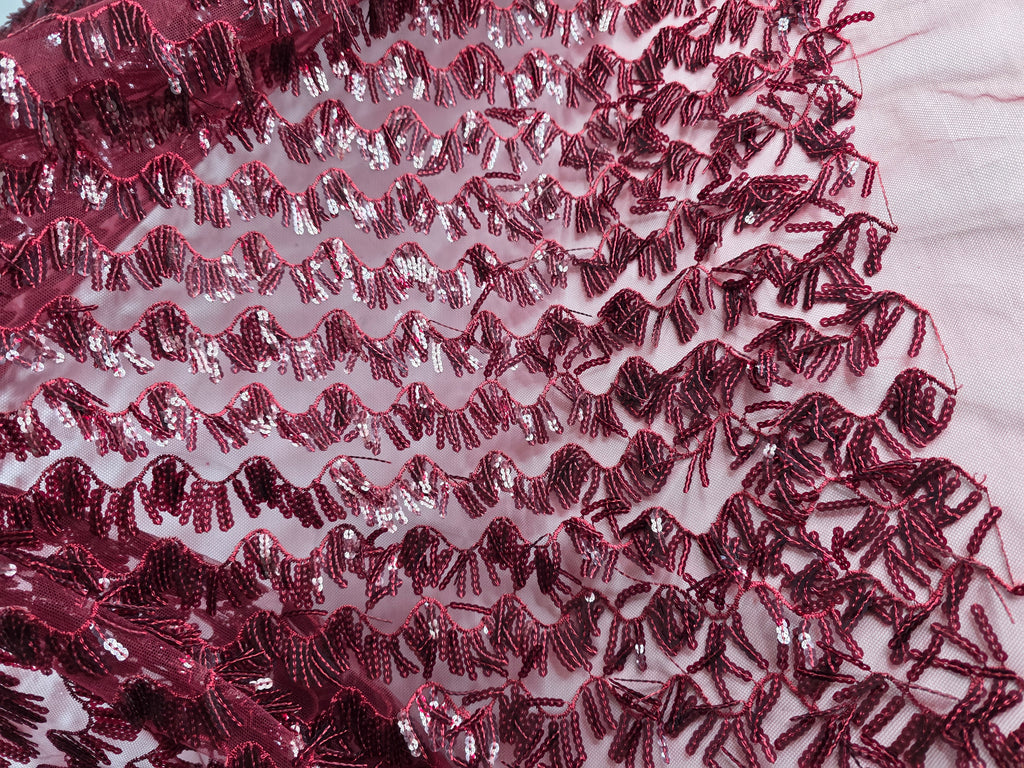 Tul Bordado Con Textura De Flequillos en Lentejuela Color Vino -HH209 ideal para vestidos de noche de boda y de XV años