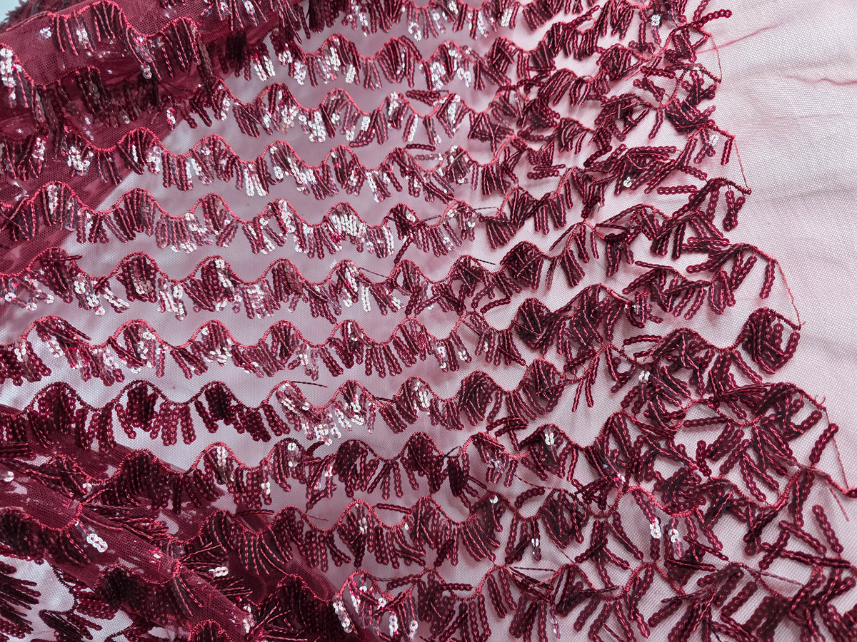 Tul Bordado Con Textura De Flequillos en Lentejuela Color Vino -HH209 ideal para vestidos de noche de boda y de XV años