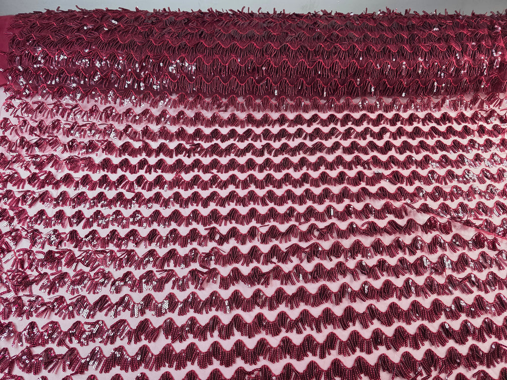 Tul Bordado Con Textura De Flequillos en Lentejuela Color Vino -HH209 ideal para vestidos de noche de boda y de XV años