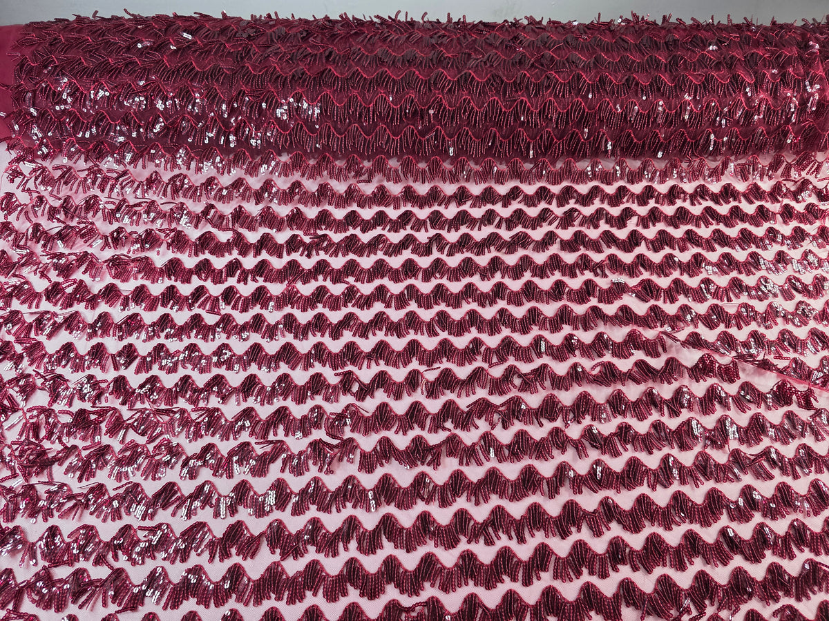 Tul Bordado Con Textura De Flequillos en Lentejuela Color Vino -HH209 ideal para vestidos de noche de boda y de XV años
