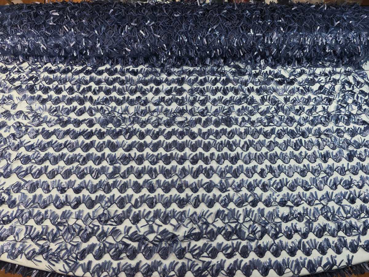 Tul Bordado Con Textura De Flequillos en Lentejuela Color Azul Marino -HH209 ideal para vestidos de noche de boda y de XV años