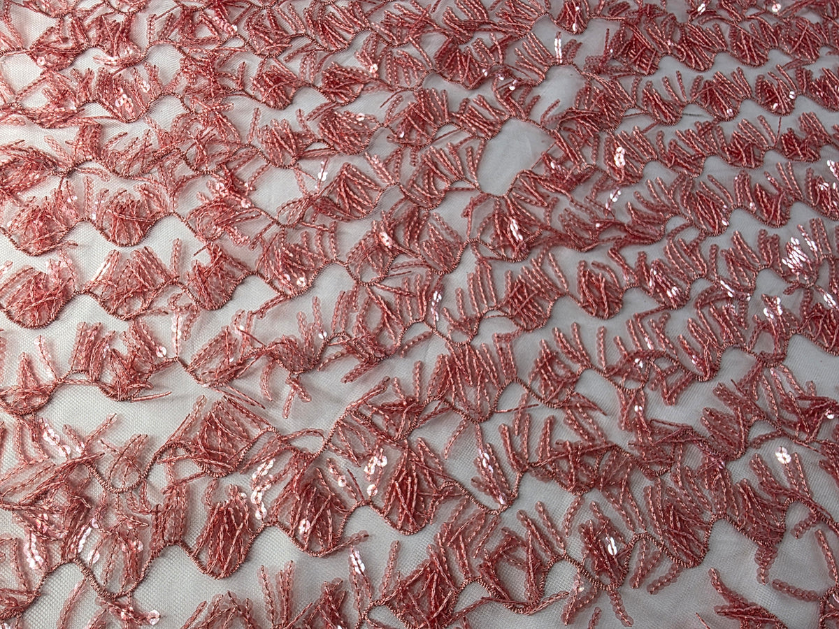 Tul Bordado Con Textura De Flequillos en Lentejuela Color Palo de Rosa -HH209 ideal para vestidos de noche de boda y de XV años