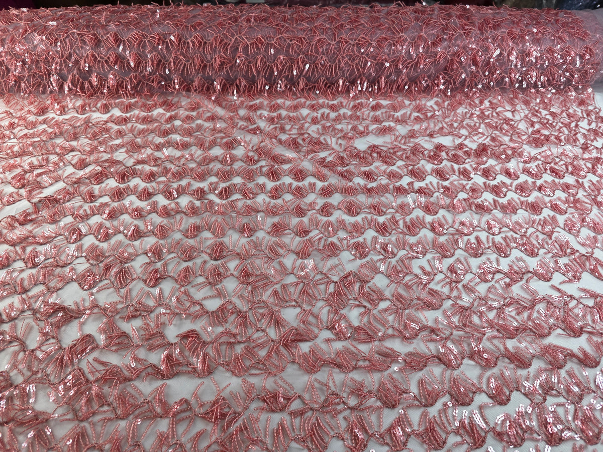 Tul Bordado Con Textura De Flequillos en Lentejuela Color Palo de Rosa -HH209 ideal para vestidos de noche de boda y de XV años