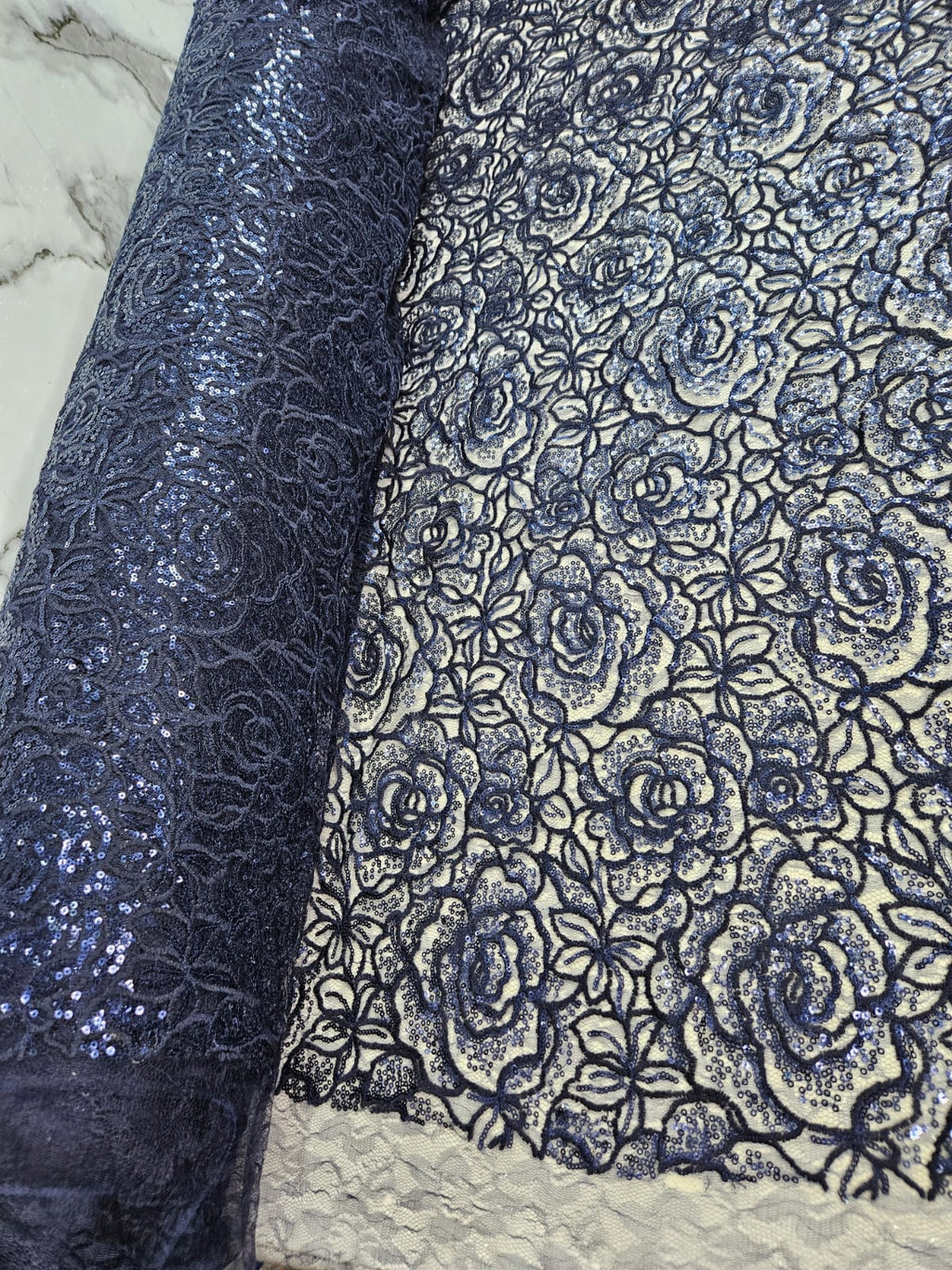 Tul Bordado Diseño Floral Con Lentejuela Color Azul Marino -HH218 ideal para vestidos de noche de boda y de XV años