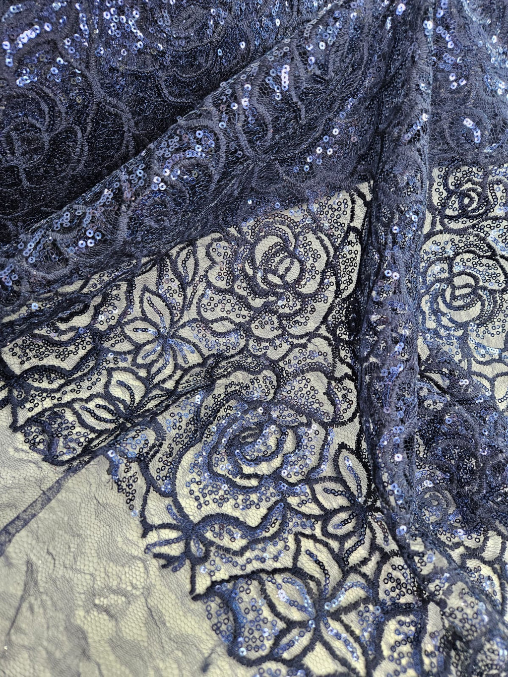 Tul Bordado Diseño Floral Con Lentejuela Color Azul Marino -HH218 ideal para vestidos de noche de boda y de XV años