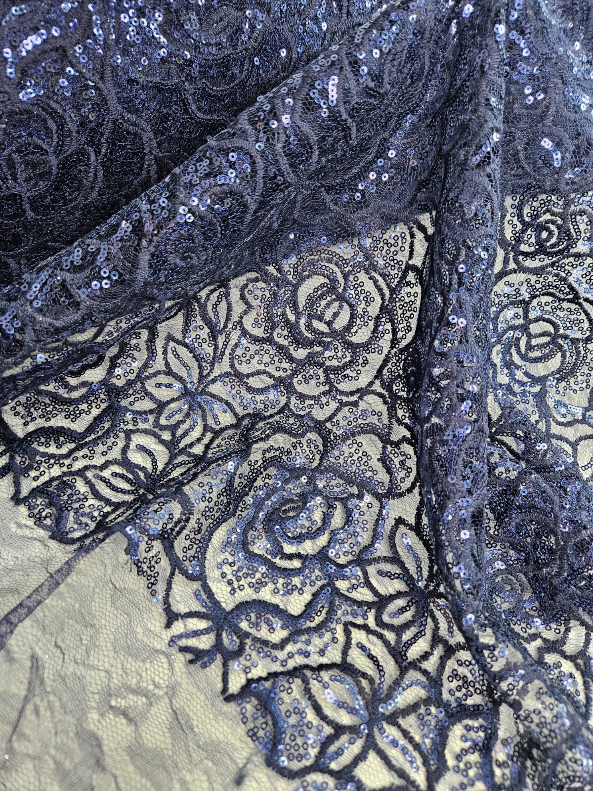 Tul Bordado Diseño Floral Con Lentejuela Color Azul Marino -HH218 ideal para vestidos de noche de boda y de XV años