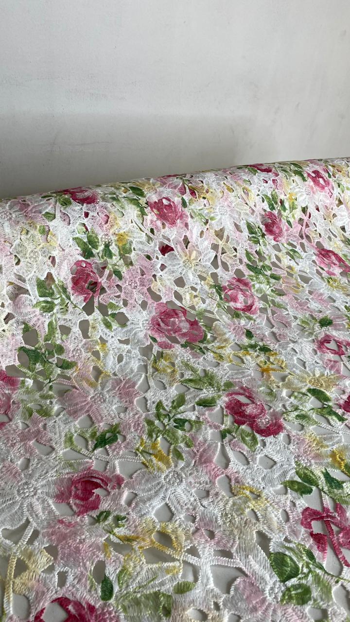 Tul Bordado Estampado Floral Colores Multicolor (Rosa, Verde, Amarillo y Blanco) -HH222 ideal para vestidos de noche y de XV años