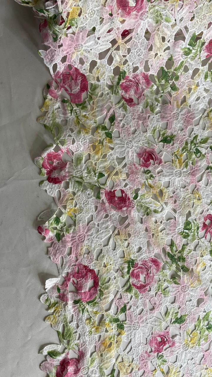 Tul Bordado Estampado Floral Colores Multicolor (Rosa, Verde, Amarillo y Blanco) -HH222 ideal para vestidos de noche y de XV años