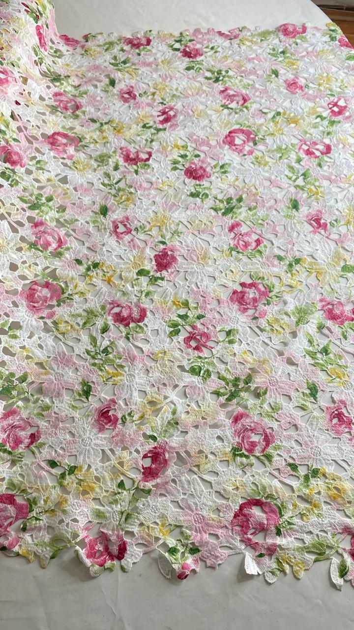 Tul Bordado Estampado Floral Colores Multicolor (Rosa, Verde, Amarillo y Blanco) -HH222 ideal para vestidos de noche y de XV años