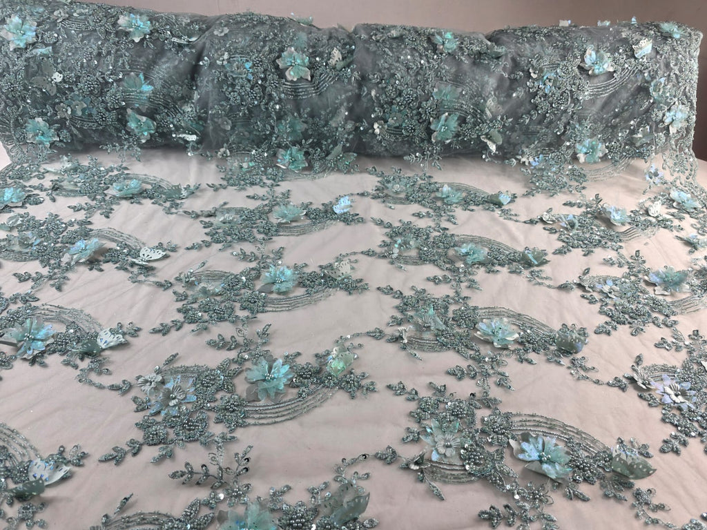 Tul Bordado Con Flores Y Mariposas 3D Aplicaciones de Perlas, Chaquira Y Lentejuela Color Sage- HH237 ideal para vestidos de noche y de XV años