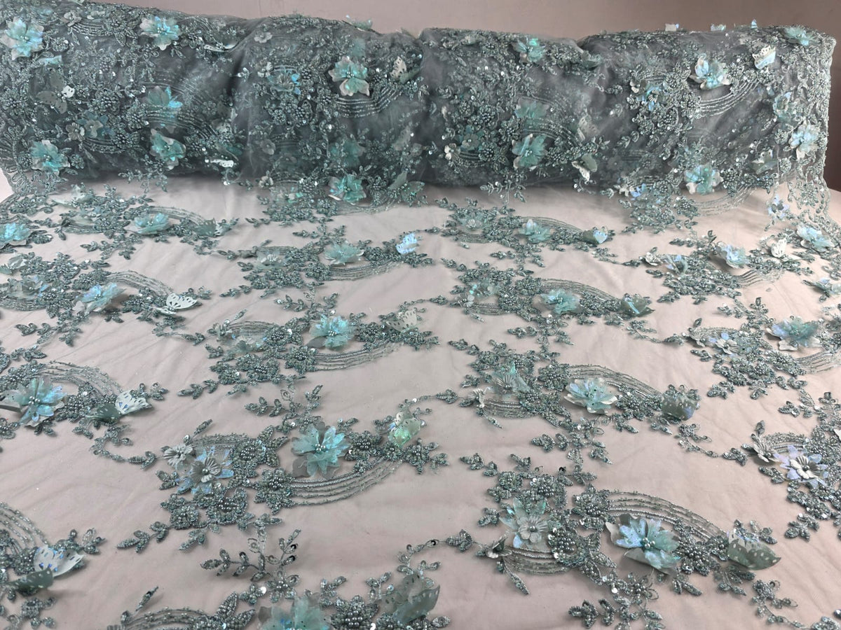Tul Bordado Con Flores Y Mariposas 3D Aplicaciones de Perlas, Chaquira Y Lentejuela Color Sage- HH237 ideal para vestidos de noche y de XV años