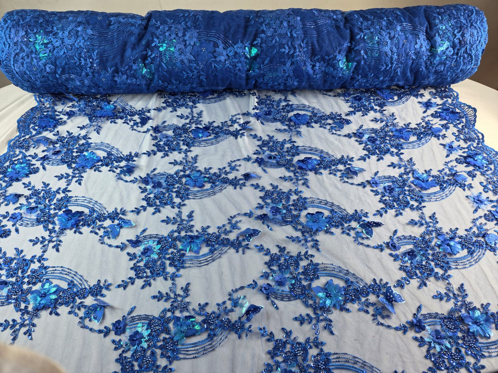 Tul Bordado Con Flores Y Mariposas 3D Aplicaciones de Perlas, Chaquira Y Lentejuela Color Azul Rey- HH237 ideal para vestidos de noche y de XV años