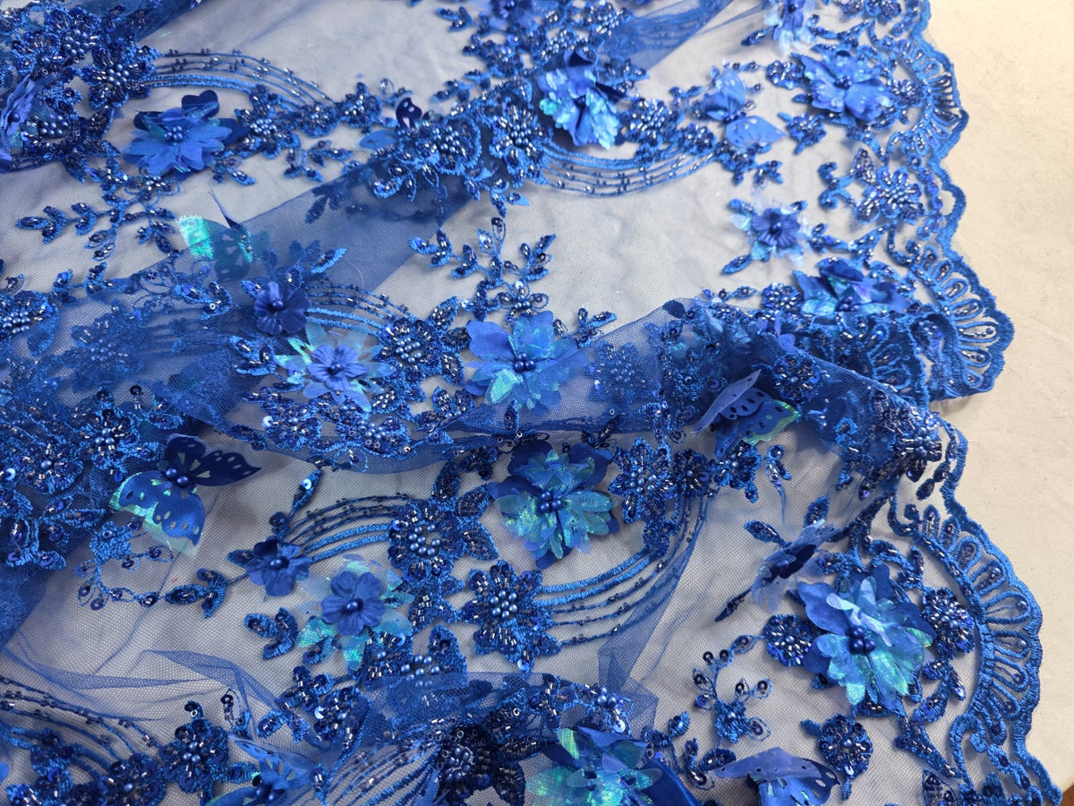 Tul Bordado Con Flores Y Mariposas 3D Aplicaciones de Perlas, Chaquira Y Lentejuela Color Azul Rey- HH237 ideal para vestidos de noche y de XV años