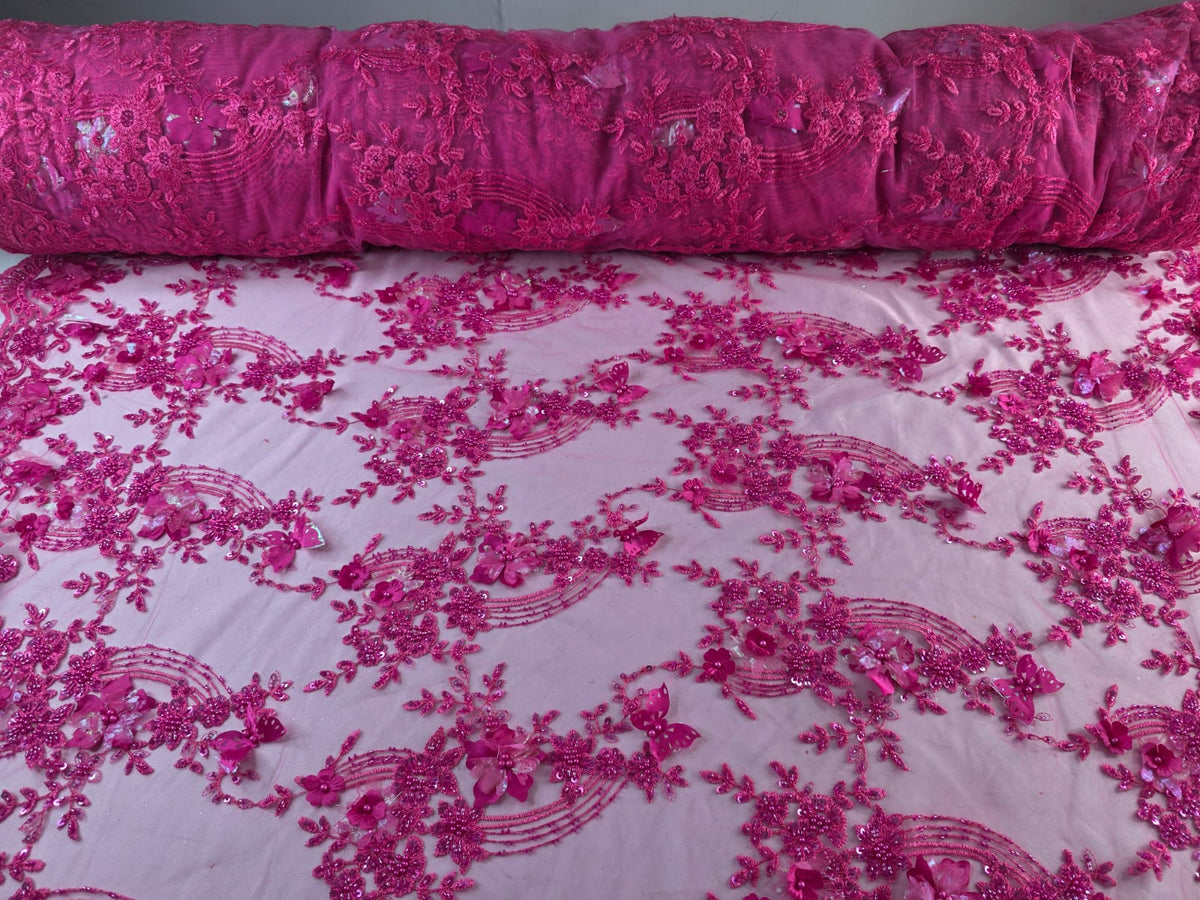 Tul Bordado Con Flores Y Mariposas 3D Aplicaciones de Perlas, Chaquira Y Lentejuela Color Rosa Ciber- HH237 ideal para vestidos de noche y de XV años