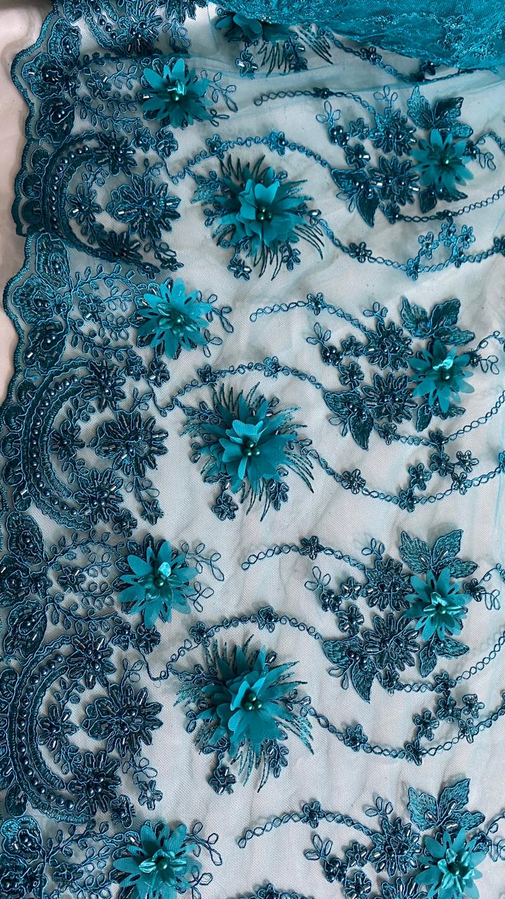 Tul Bordado Con Flores 3D Aplicaciones de Perlas Y Canutillo Color Verde- HH238 ideal para vestidos de noche y de XV años