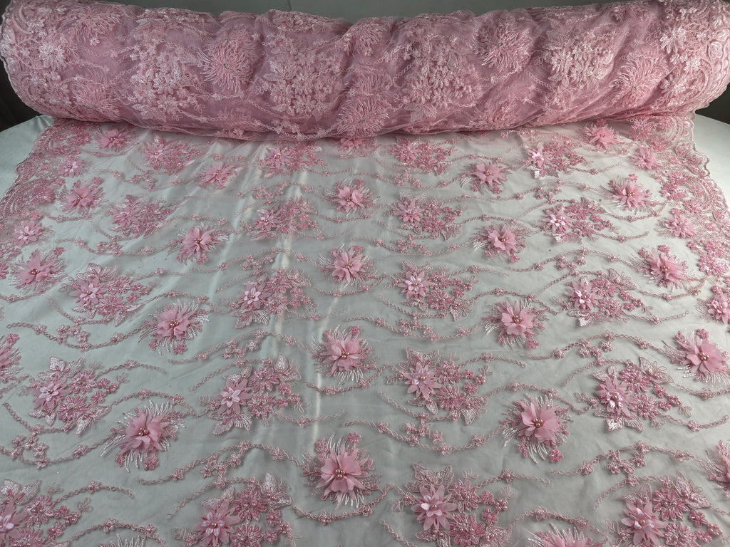 Tul Bordado Con Flores 3D Aplicaciones de Perlas Y Canutillo Color 12 Rosa- HH238 ideal para vestidos de noche y de XV años