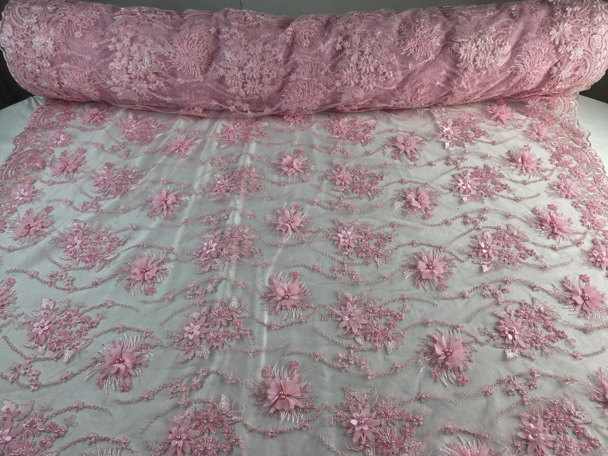 Tul Bordado Con Flores 3D Aplicaciones de Perlas Y Canutillo Color 12 Rosa- HH238 ideal para vestidos de noche y de XV años