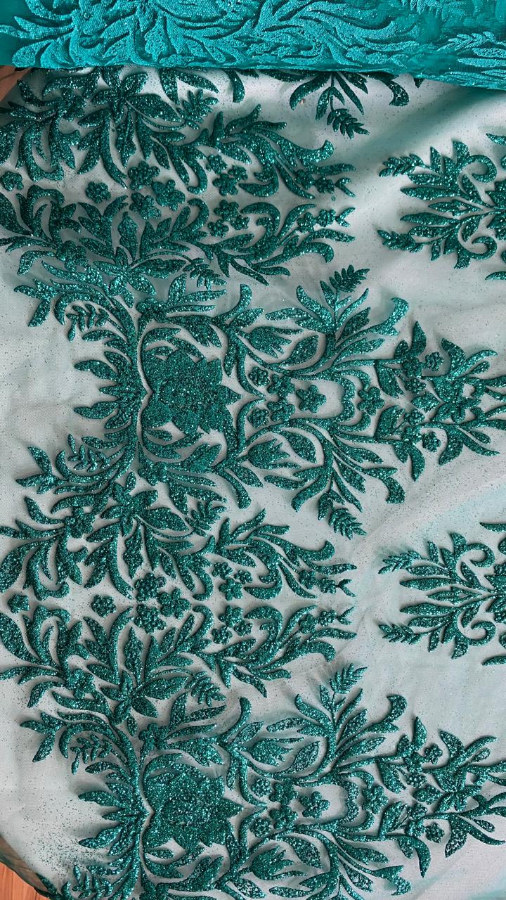 Tul Bordado Con Estampado Glitter Color Turquesa- HH239 ideal para vestidos de noche y de XV años