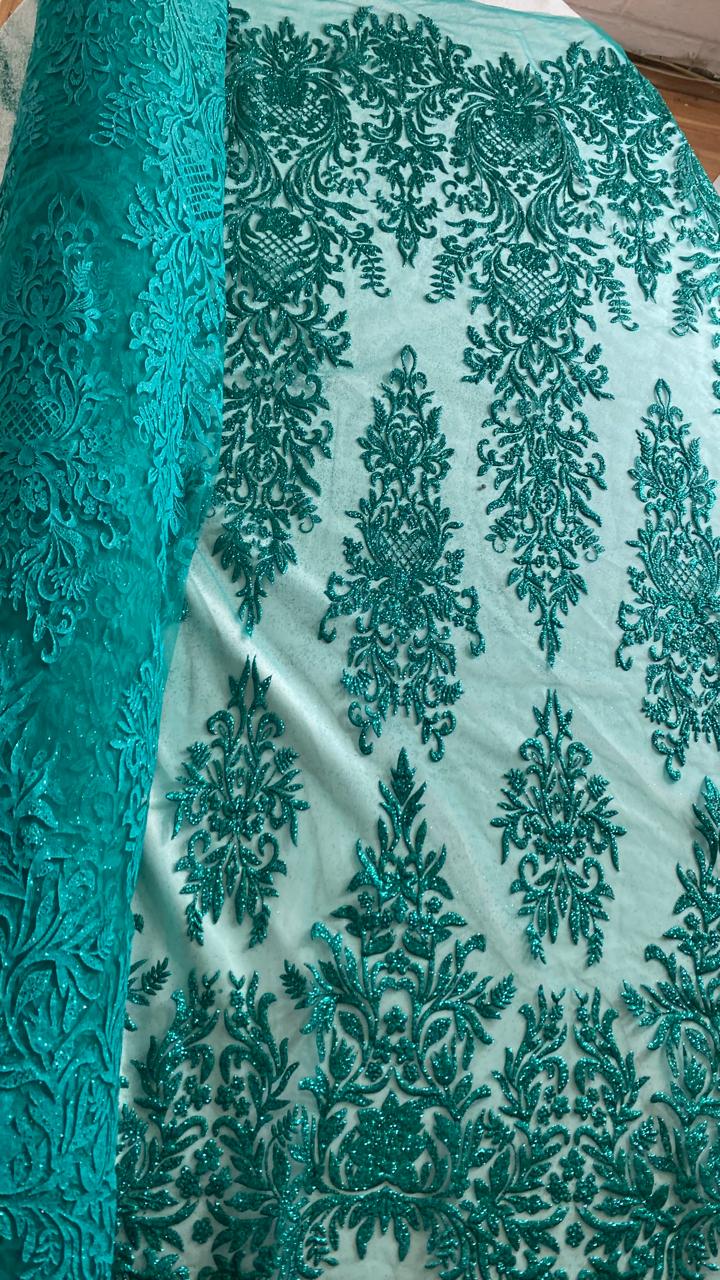 Tul Bordado Con Estampado Glitter Color Turquesa- HH239 ideal para vestidos de noche y de XV años