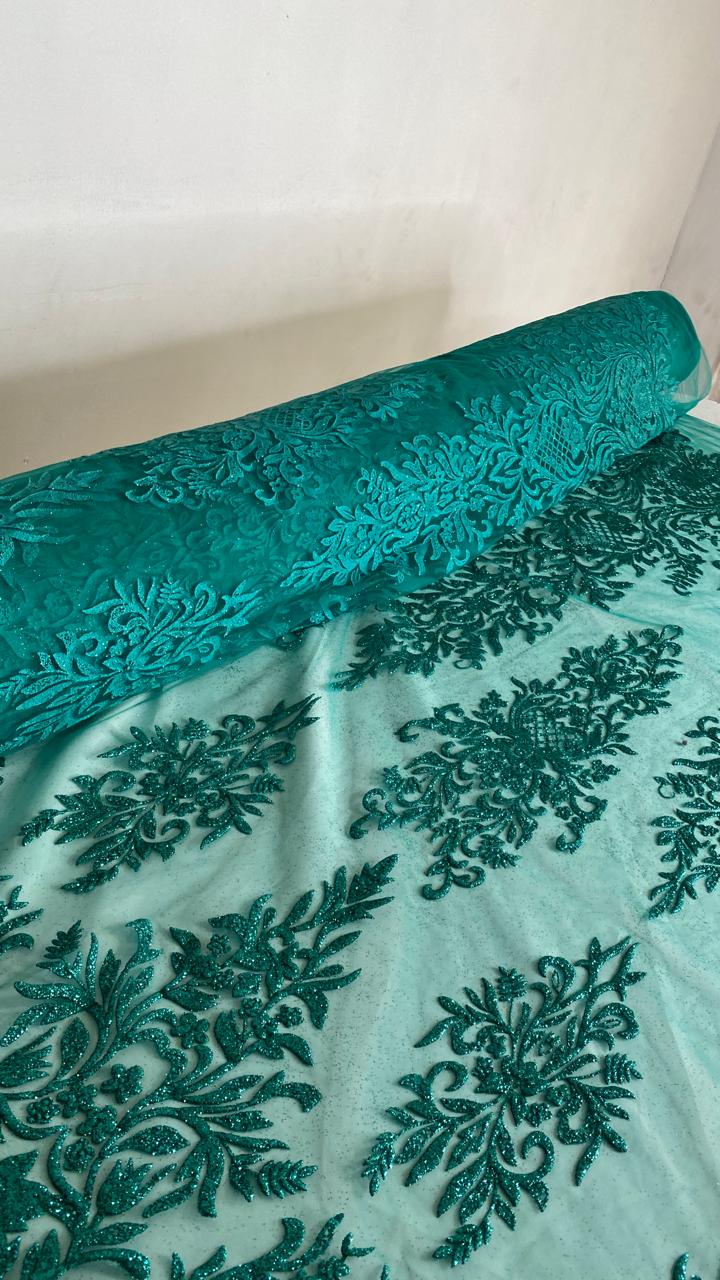 Tul Bordado Con Estampado Glitter Color Turquesa- HH239 ideal para vestidos de noche y de XV años