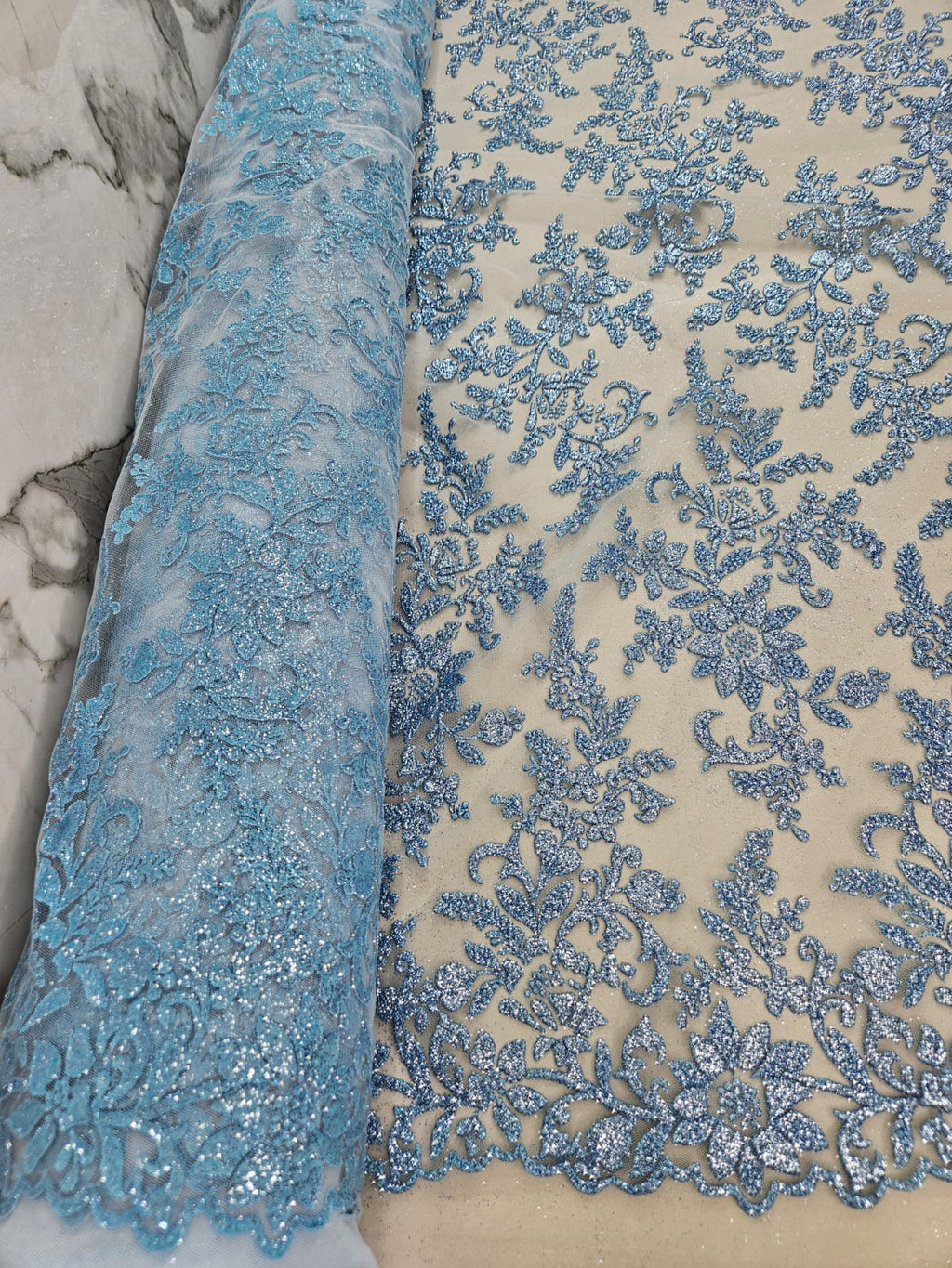 Tul Bordado Con Estampado en Glitter Diseño Floral Color Azul- HH240  ideal para vestidos de noche de boda y de XV años