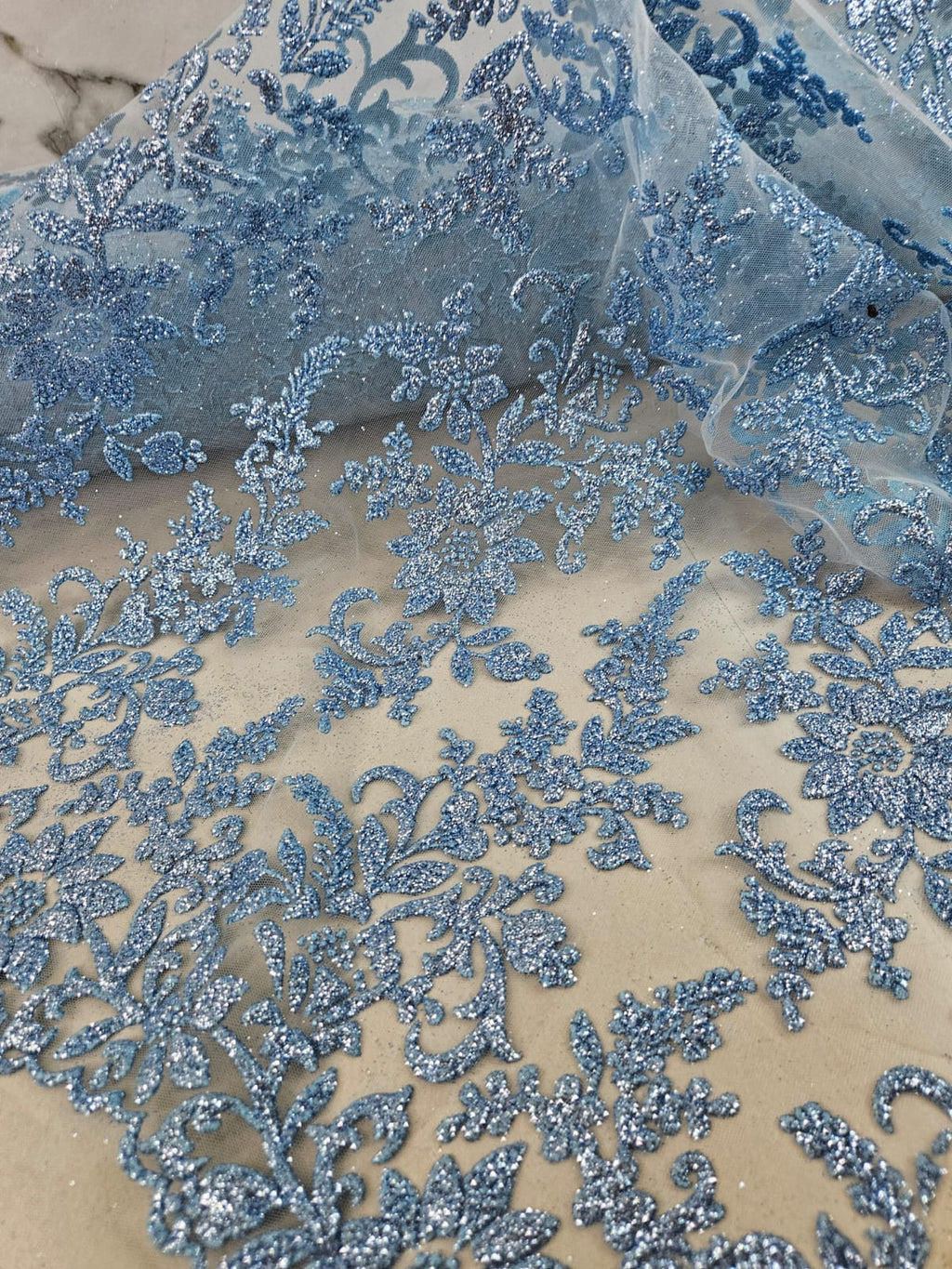 Tul Bordado Con Estampado en Glitter Diseño Floral Color Azul- HH240  ideal para vestidos de noche de boda y de XV años