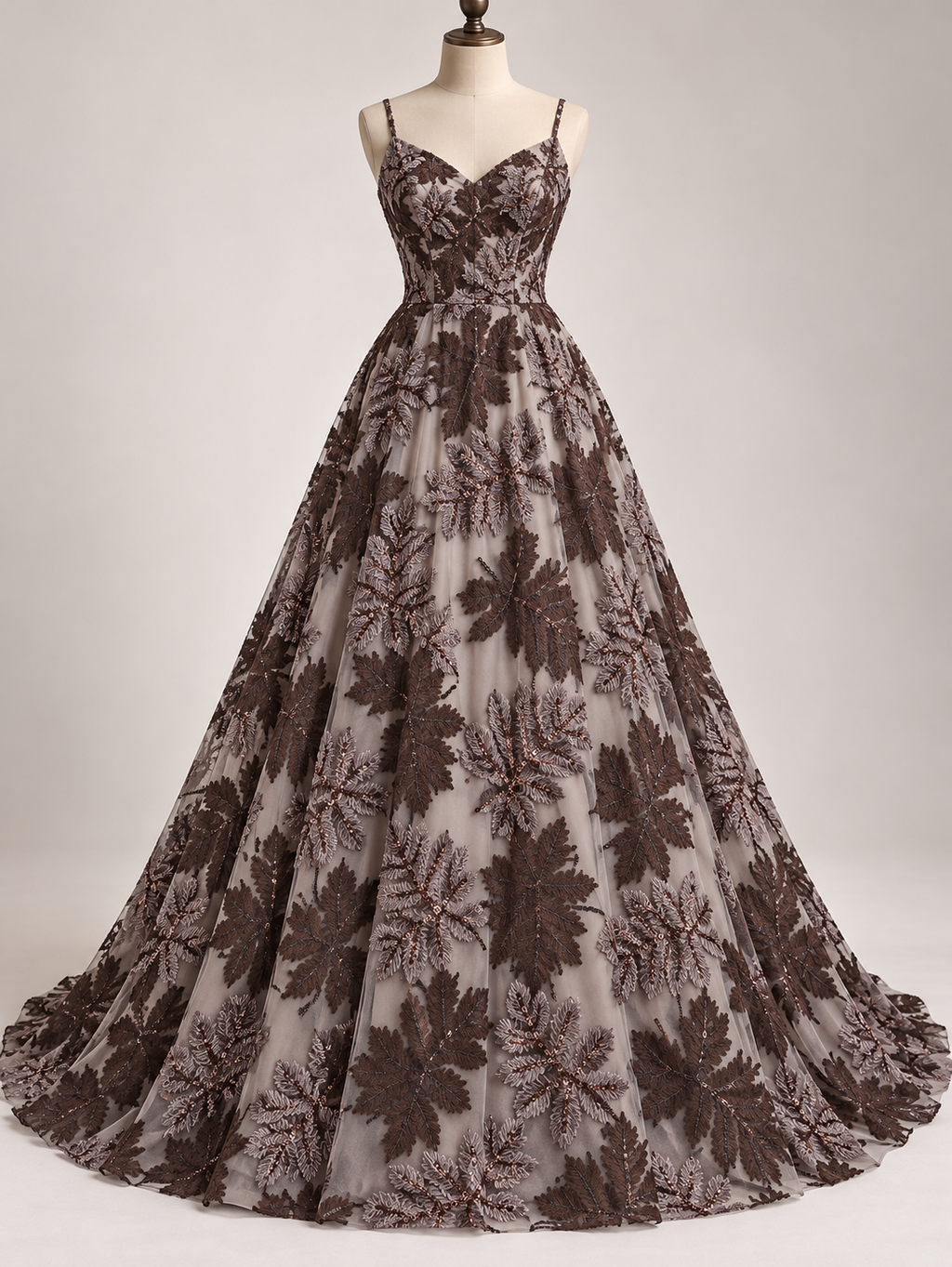 Inspiración de vestido generada con IA: Tul bordado color café A636, ideal para vestidos de noche de boda y de XV añosca; se vende la tela.