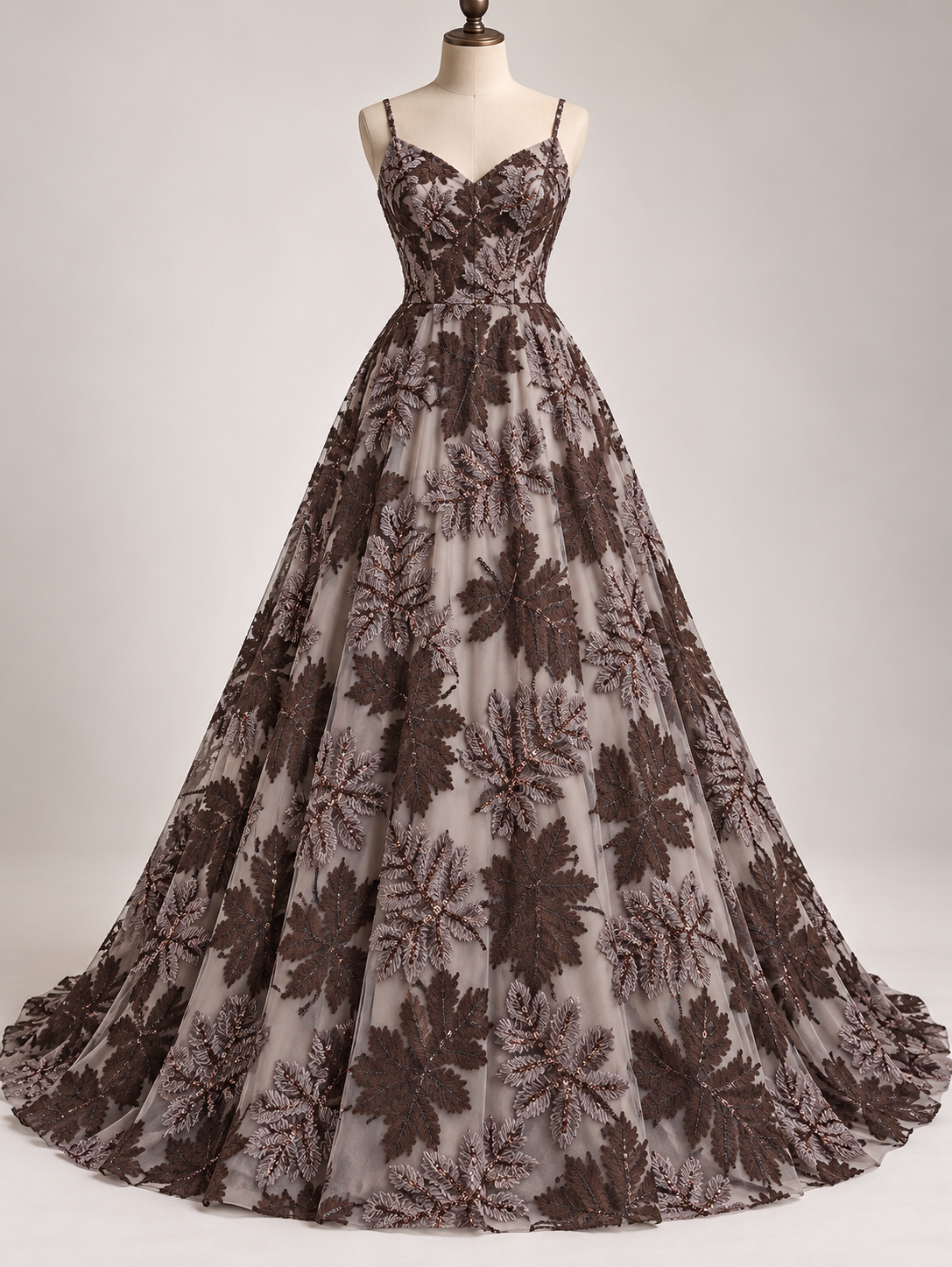 Inspiración de vestido generada con IA: Tul bordado color café A636, ideal para vestidos de noche de boda y de XV añosca; se vende la tela.