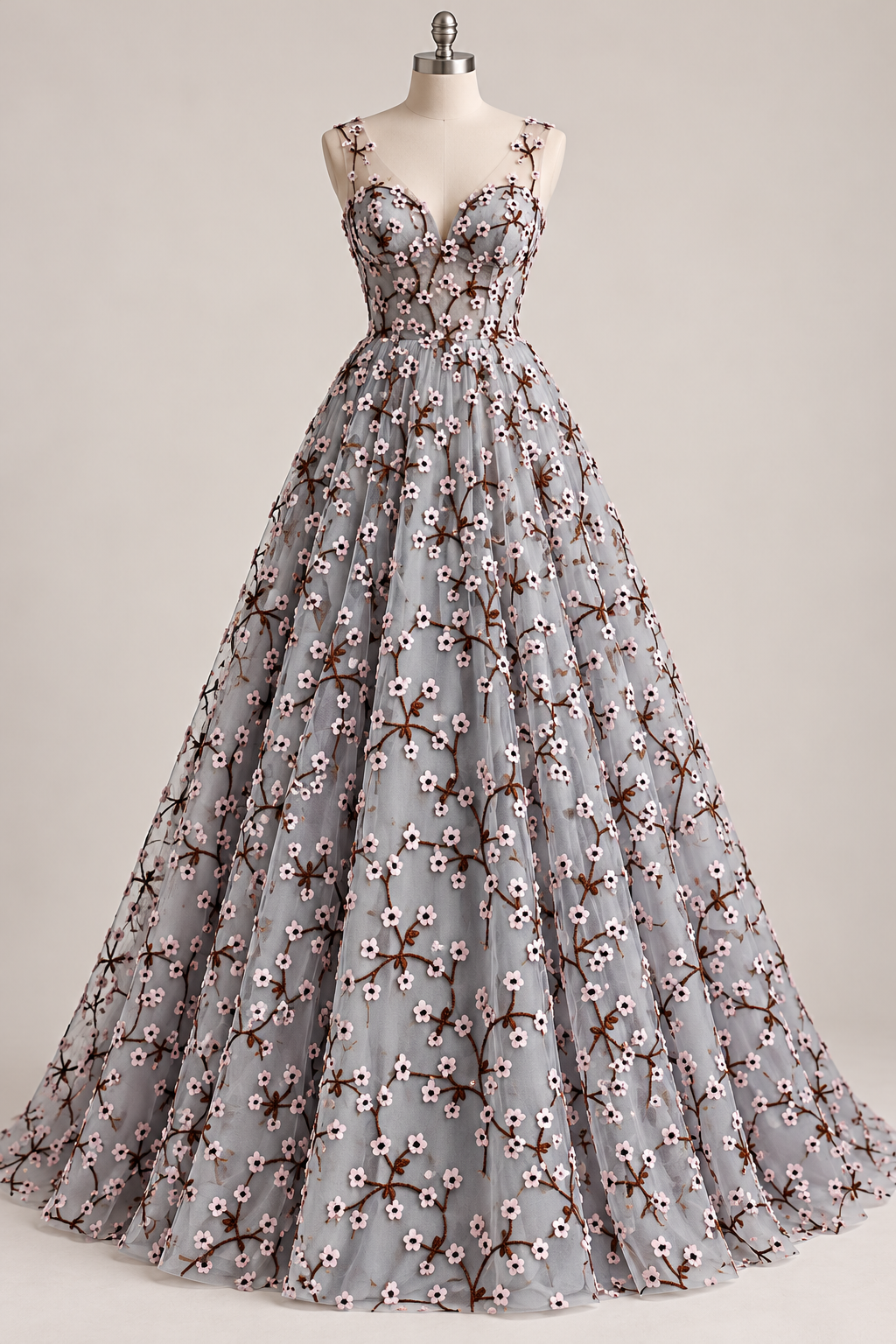 Inspiración de vestido generada con IA: Tul bordado Con Flores 3d Y Ramajes Color Rosa A621, ideal para vestidos de noche de boda y de XV años; se vende la tela.