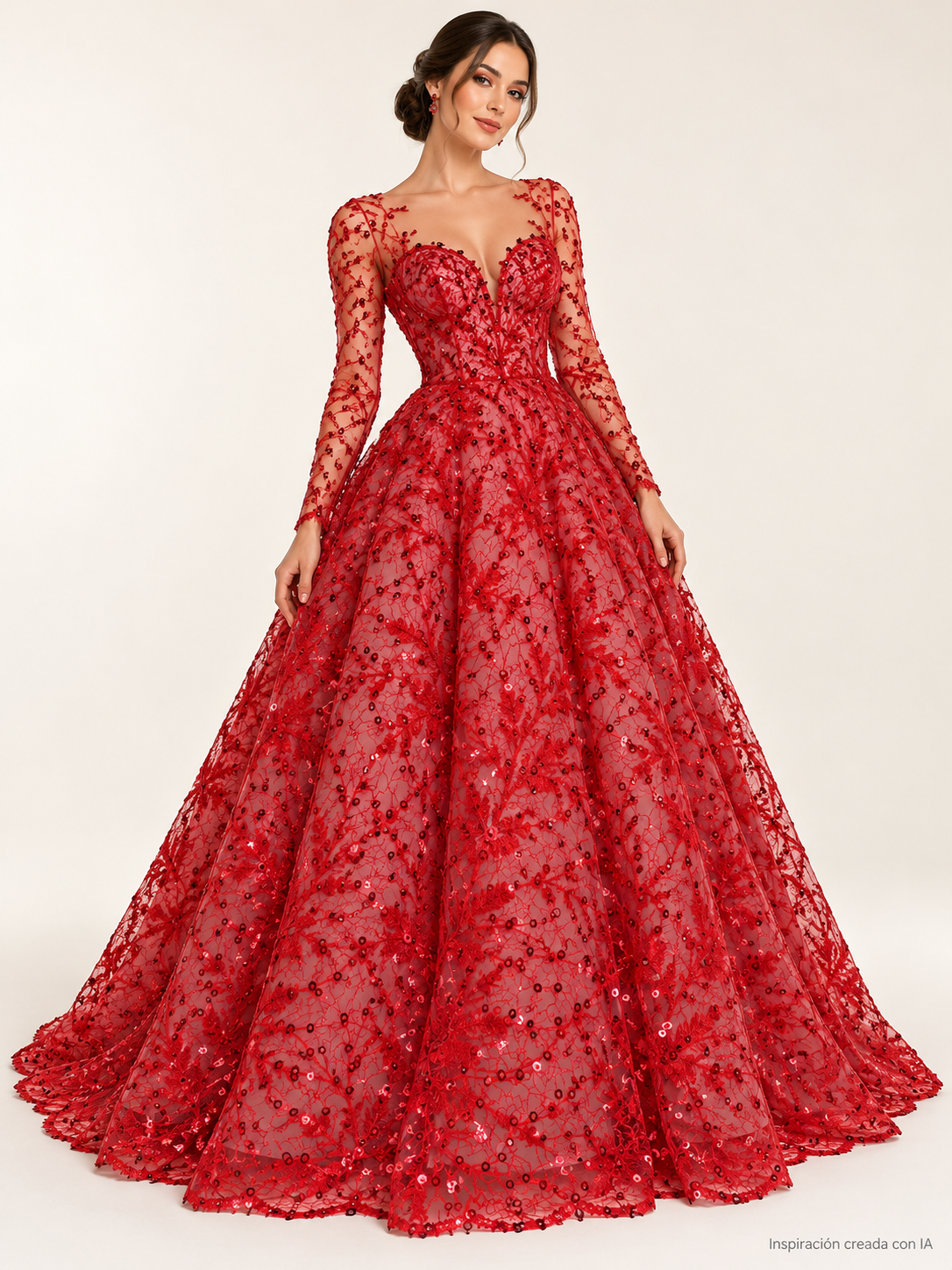 Inspiración creada con IA: Tul bordado color rojo A845, ideal para vestidos de noche de boda y de XV años
