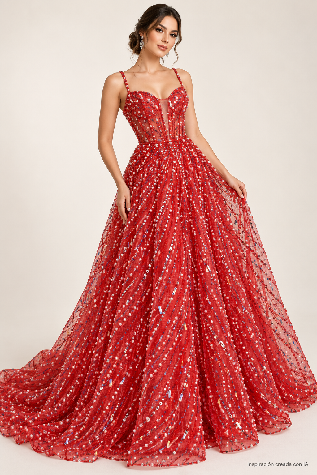 Inspiración creada con IA: vestido con Tul bordado color rojo H122