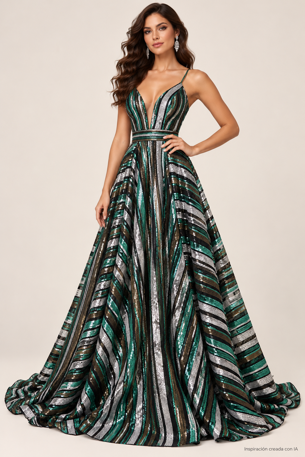 Inspiración creada con IA: vestido con Tul bordado color verde A666