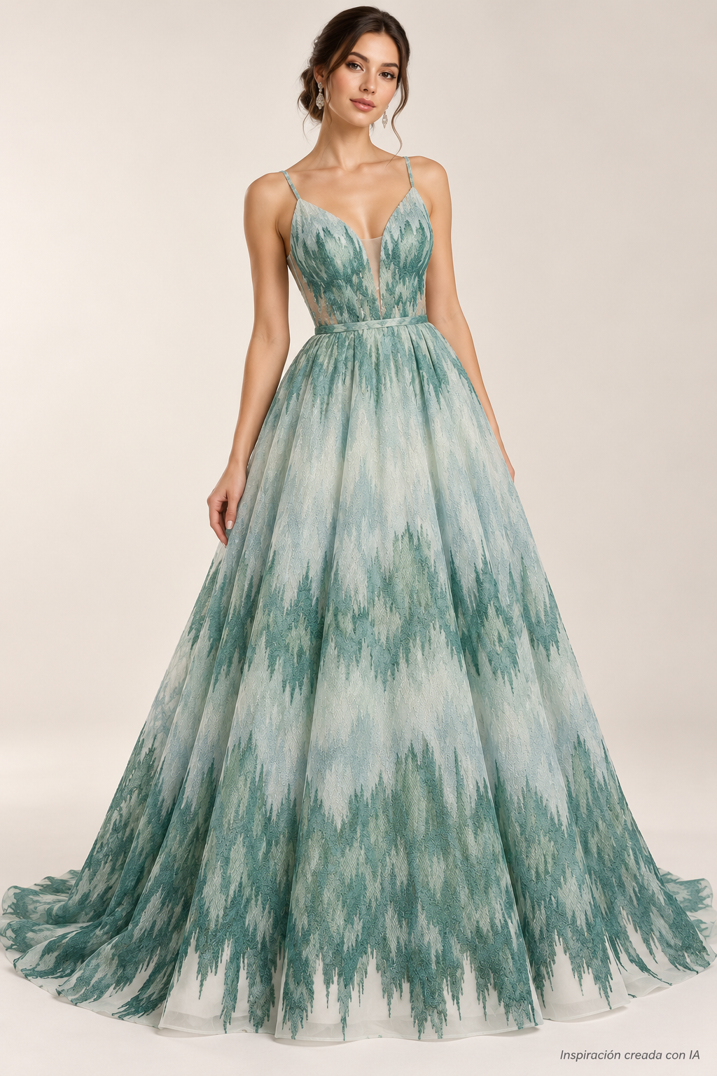 Inspiración creada con IA: vestido con Tul bordado color verde A722