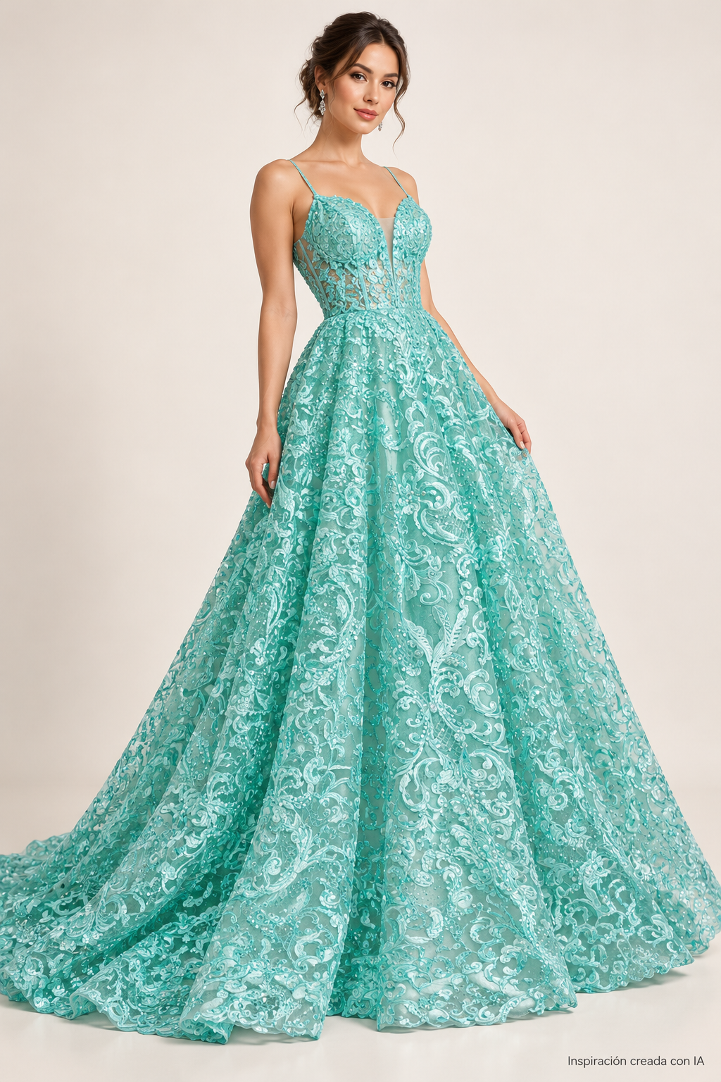 Inspiración creada con IA: vestido con Tul bordado color menta A778