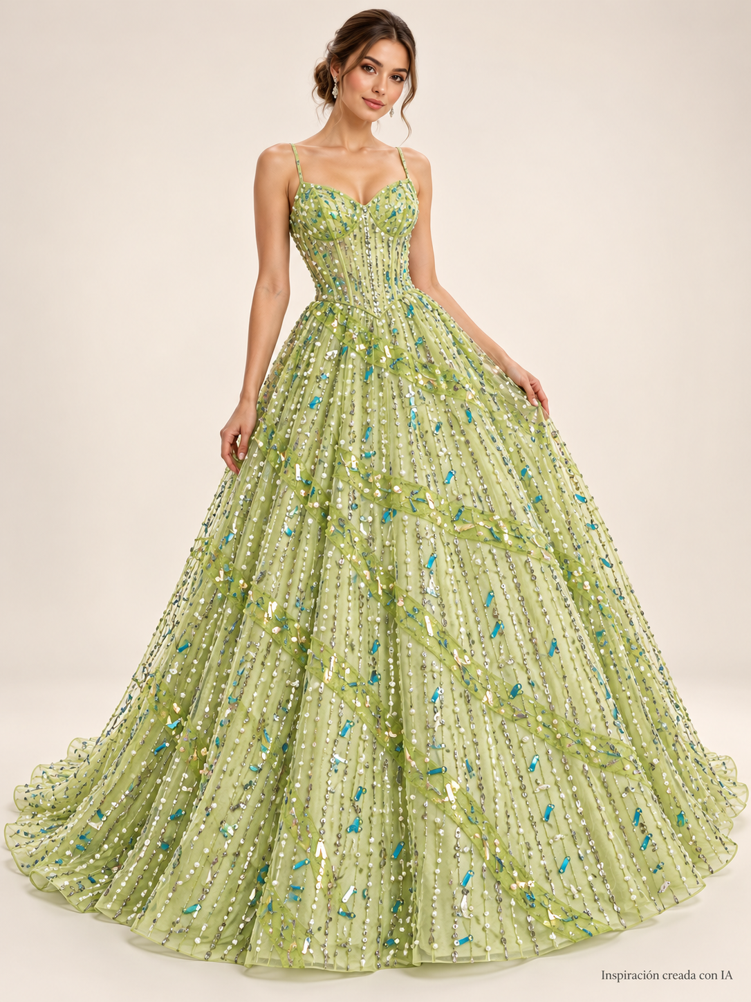 Inspiración creada con IA: vestido con Tul bordado color manzana H122