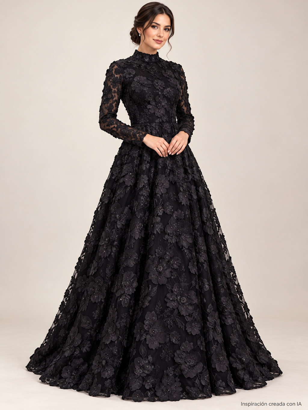 Inspiración creada con IA: vestido con Tul bordado color negro A615