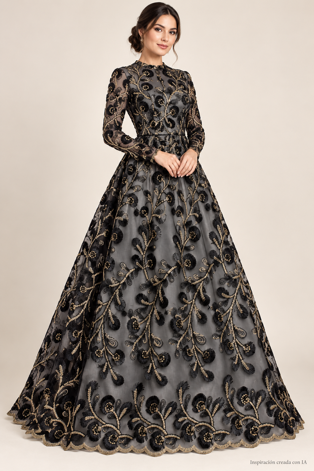 Inspiración creada con IA: vestido con Tul bordado color negro A630