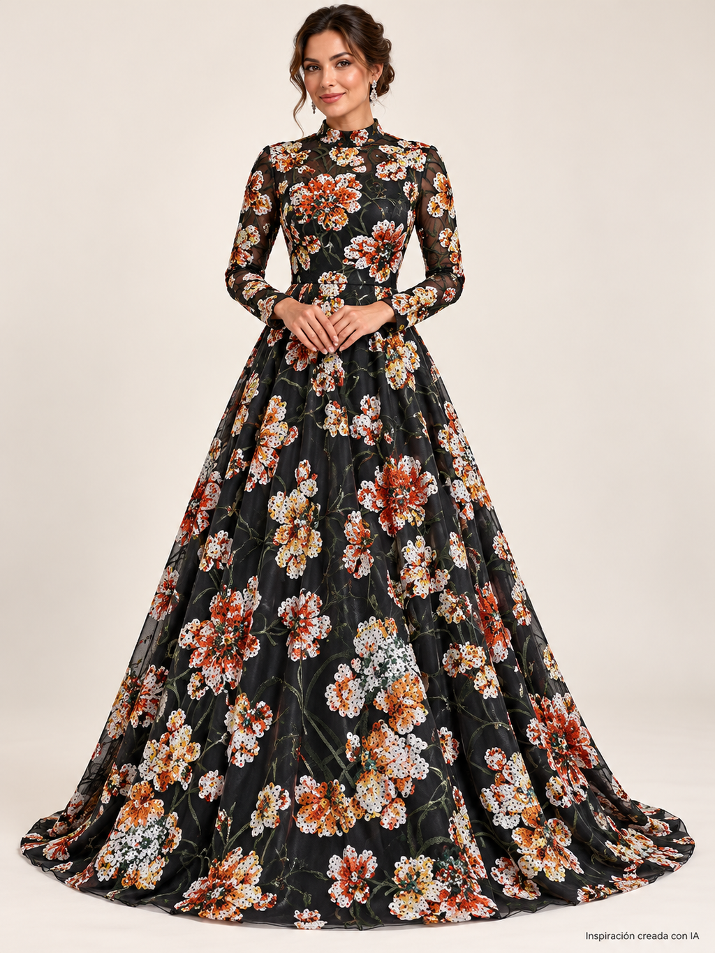 Inspiración creada con IA: vestido con Tul bordado Con Flores de Lentejuela Color Negro Naranja A671