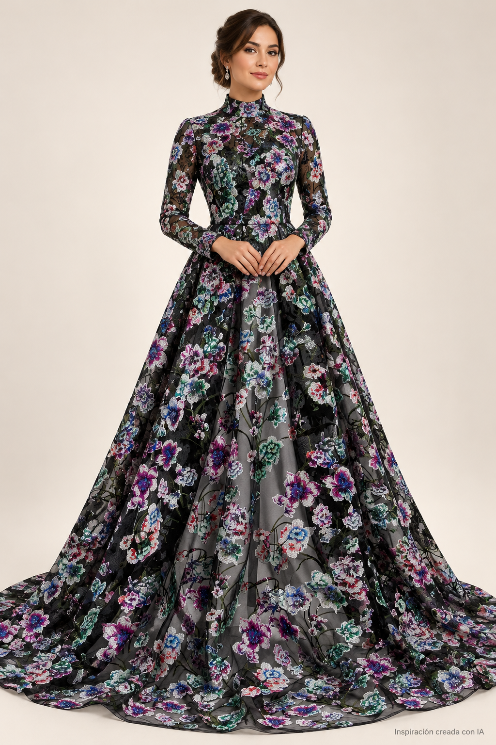 Inspiración creada con IA: vestido con Tul bordado Con Flores de Lentejuela Color Negro Morado A671