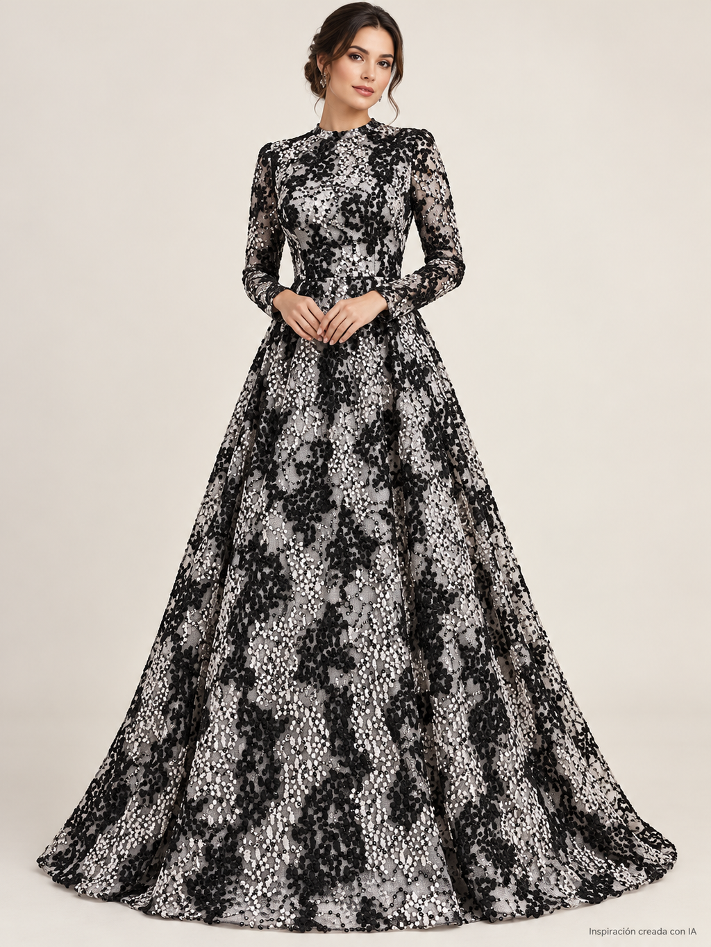 Inspiración creada con IA: vestido con Tul bordado color negro A689