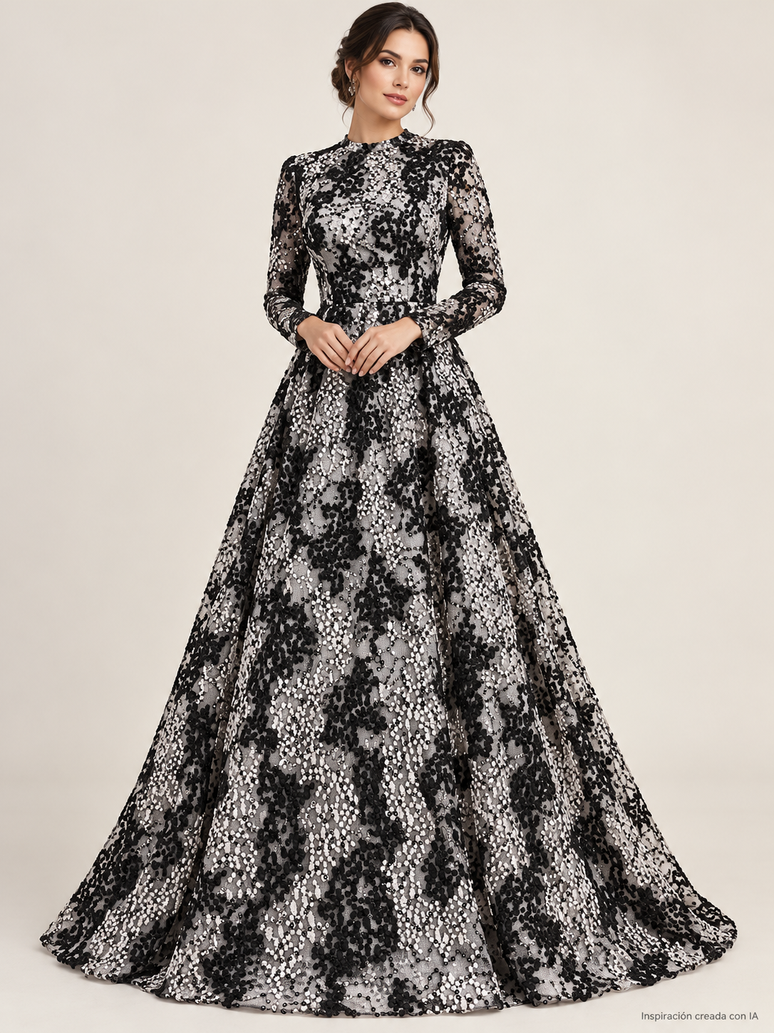 Inspiración creada con IA: vestido con Tul bordado color negro A689