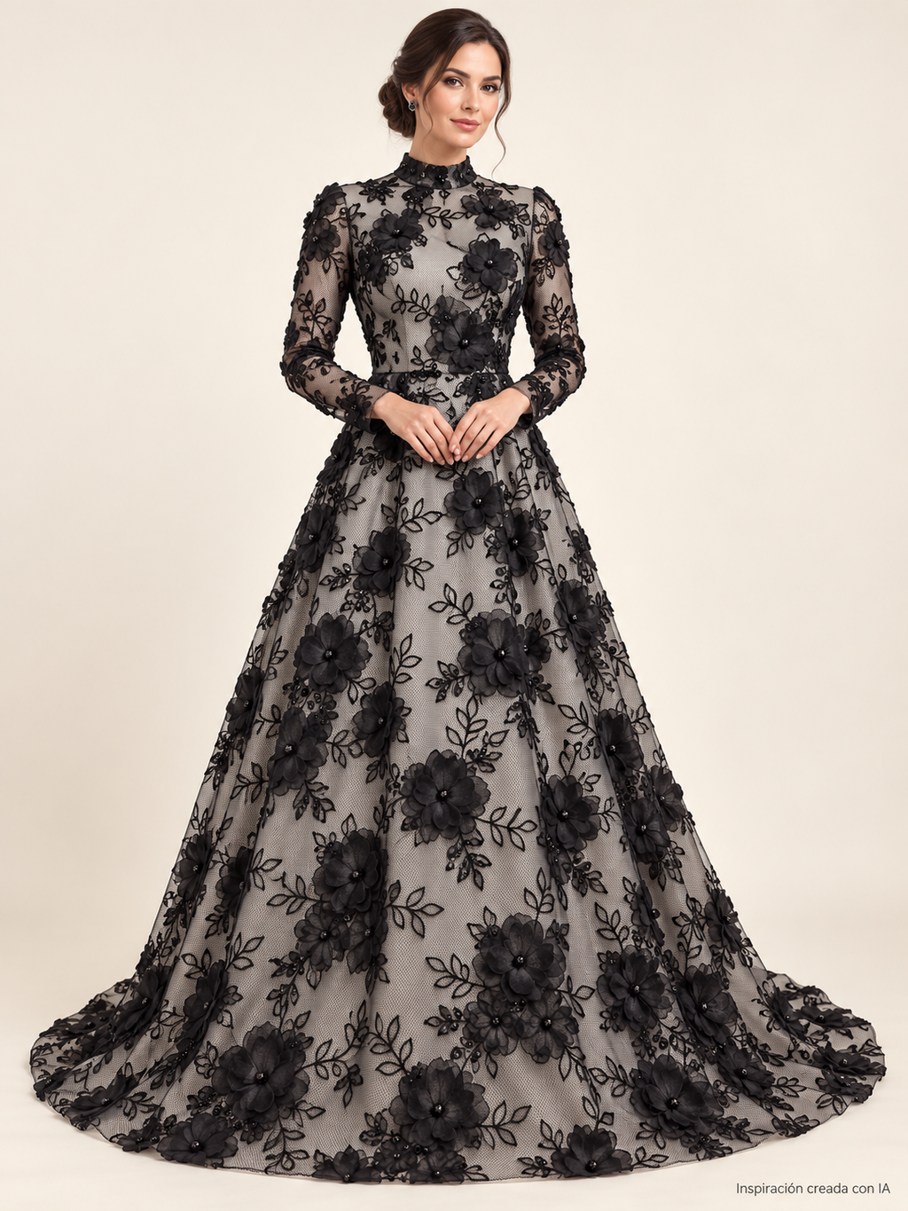 Inspiración creada con IA: vestido con Tul bordado color negro A727
