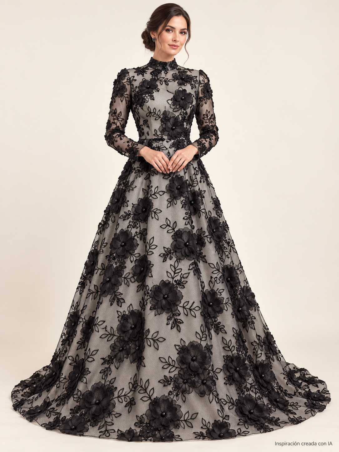 Inspiración creada con IA: vestido con Tul bordado color negro A727