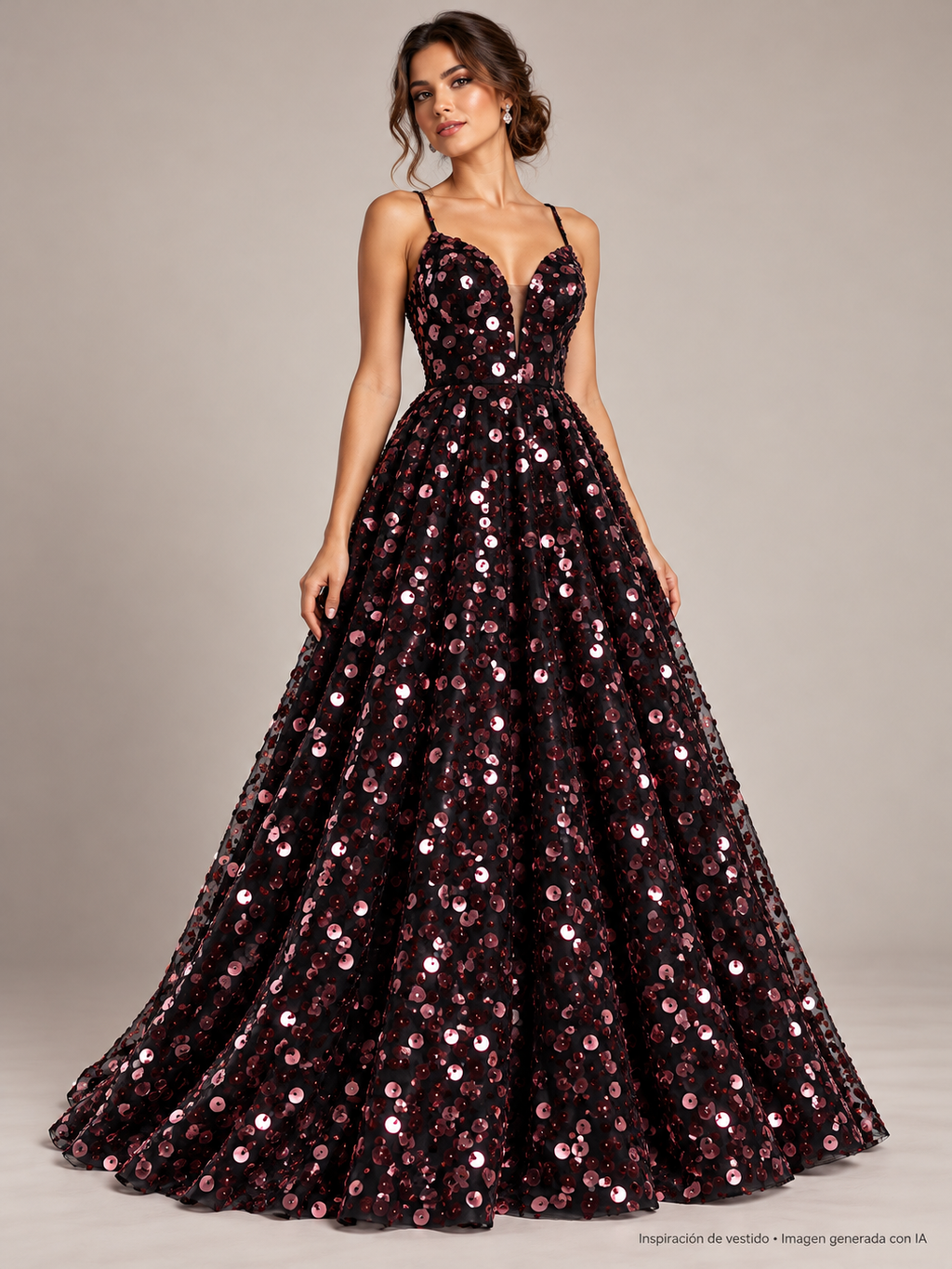Inspiración de vestido creada con IA: Tul bordado color negro palo de rosa a789, ideal para vestidos de noche de boda y de XV años