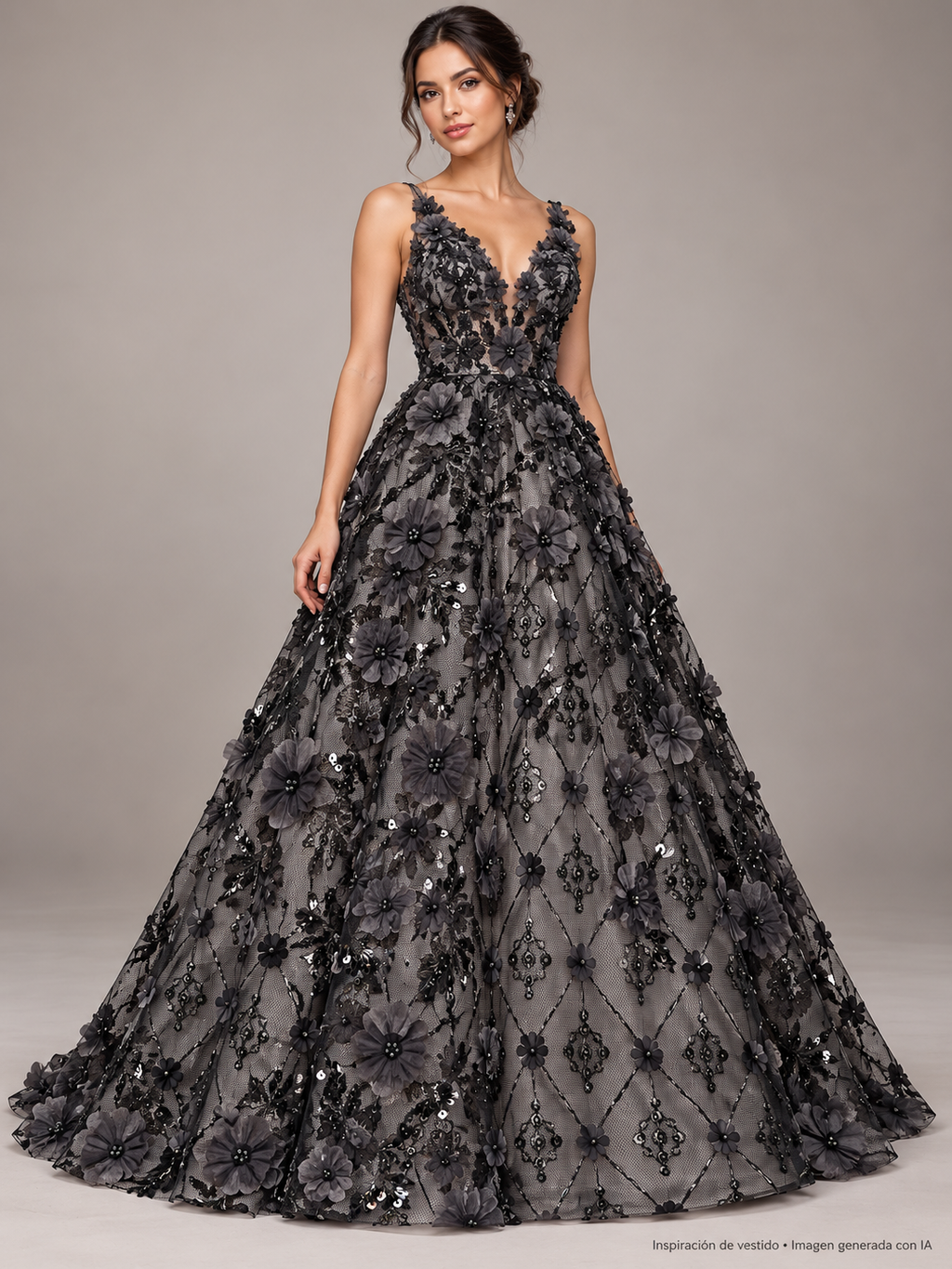 Inspiración de vestido creada con IA: Tul bordado color negro A862, ideal para vestidos de noche de boda y de XV años