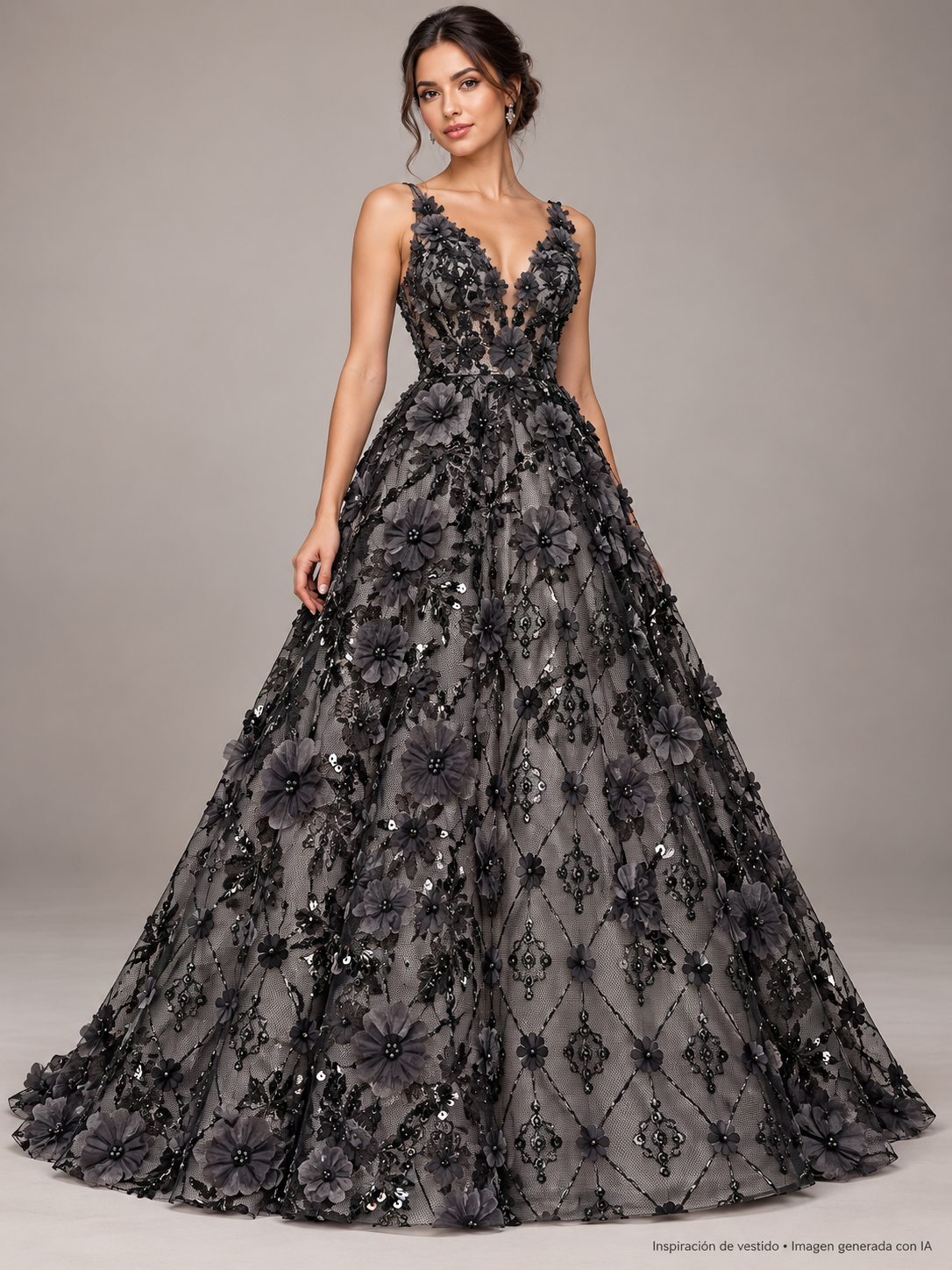 Inspiración de vestido creada con IA: Tul bordado color negro A862, ideal para vestidos de noche de boda y de XV años
