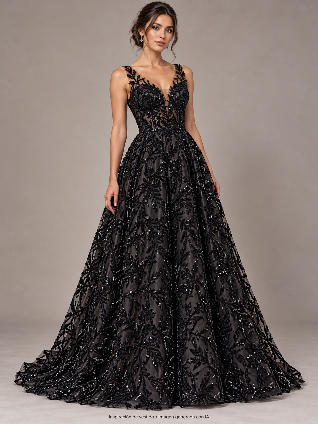 Inspiración de vestido creada con IA: Tul bordado color negro A873, ideal para vestidos de noche de boda y de XV años