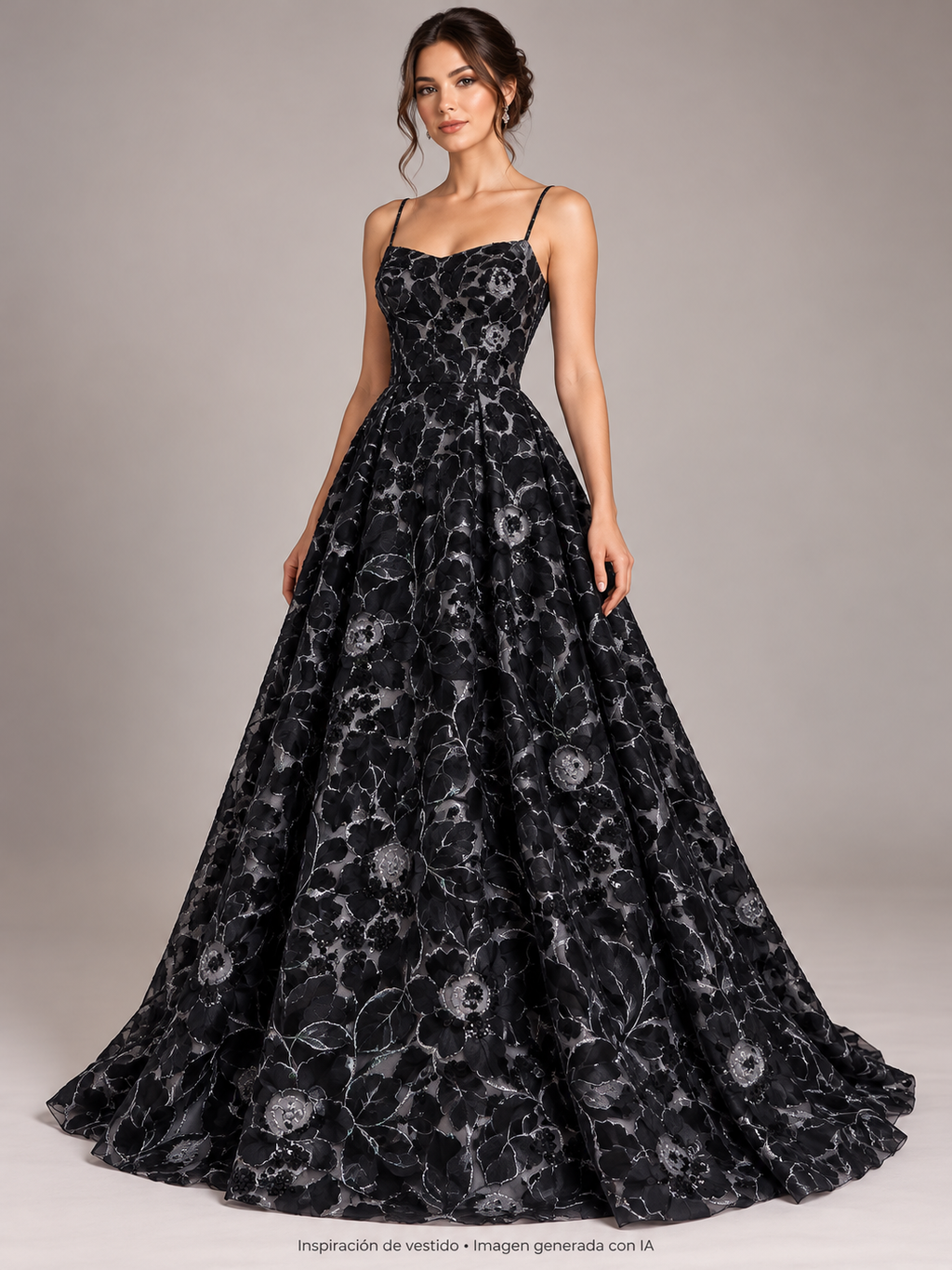Inspiración de vestido creada con IA: Tul bordado color negro A927, ideal para vestidos de noche de boda y de XV años